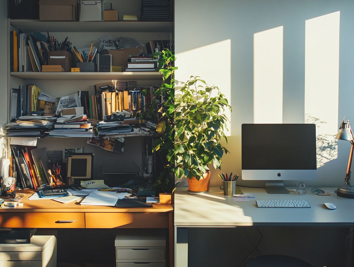 Illustration of a cluttered versus organized workspace affecting productivity