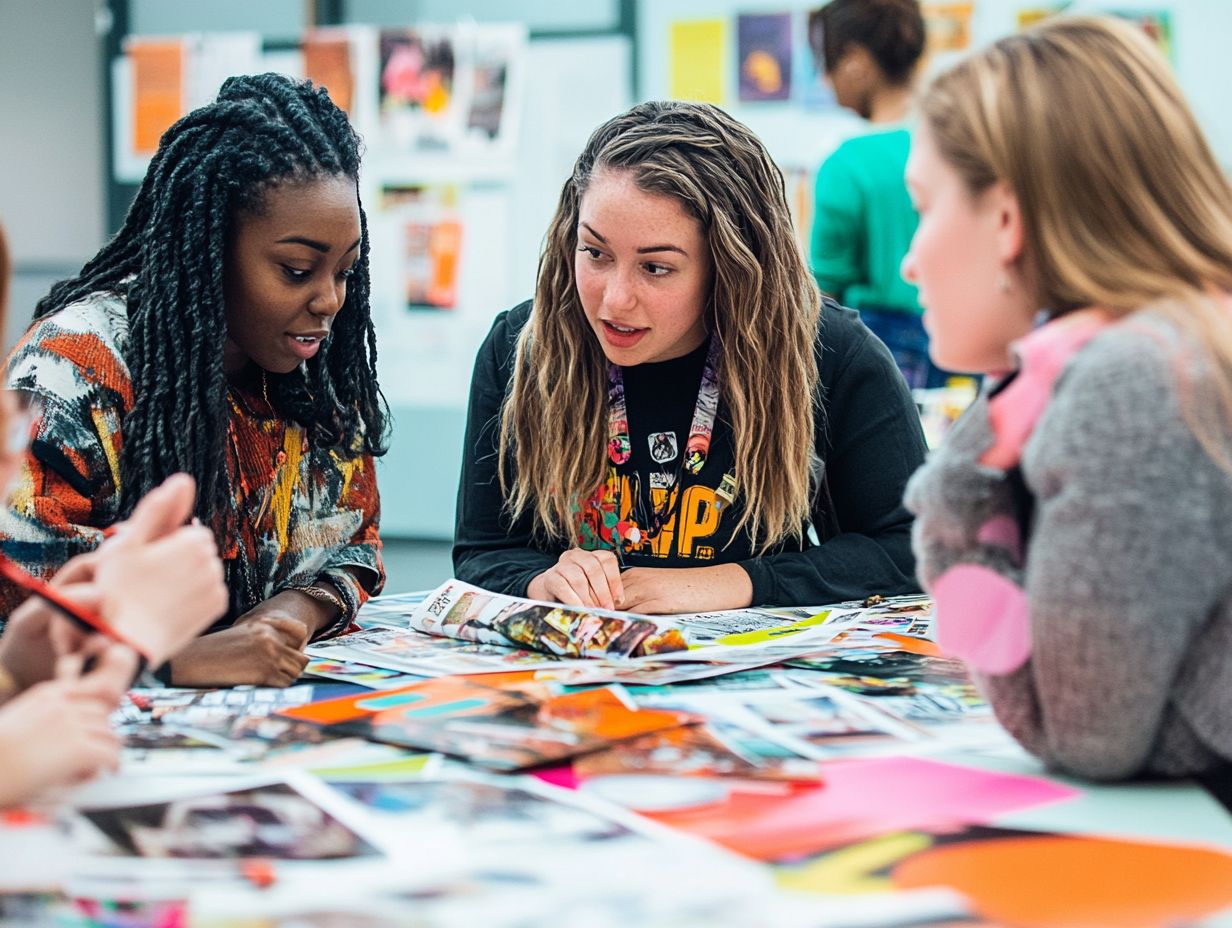 A group of creative minds connecting over vision boards at an inspiring workshop.