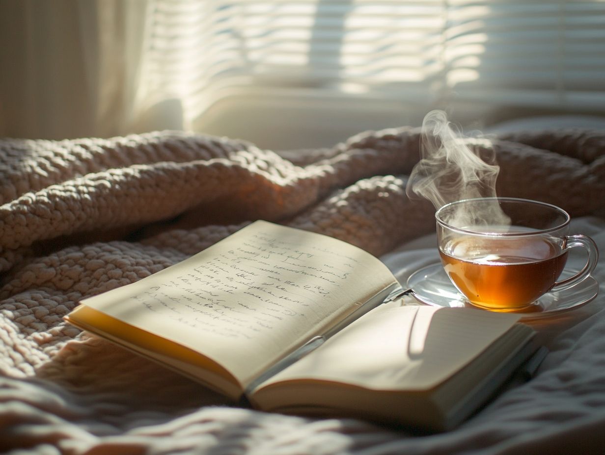 A person writing in a journal with an open notebook, pen, and a cup of tea