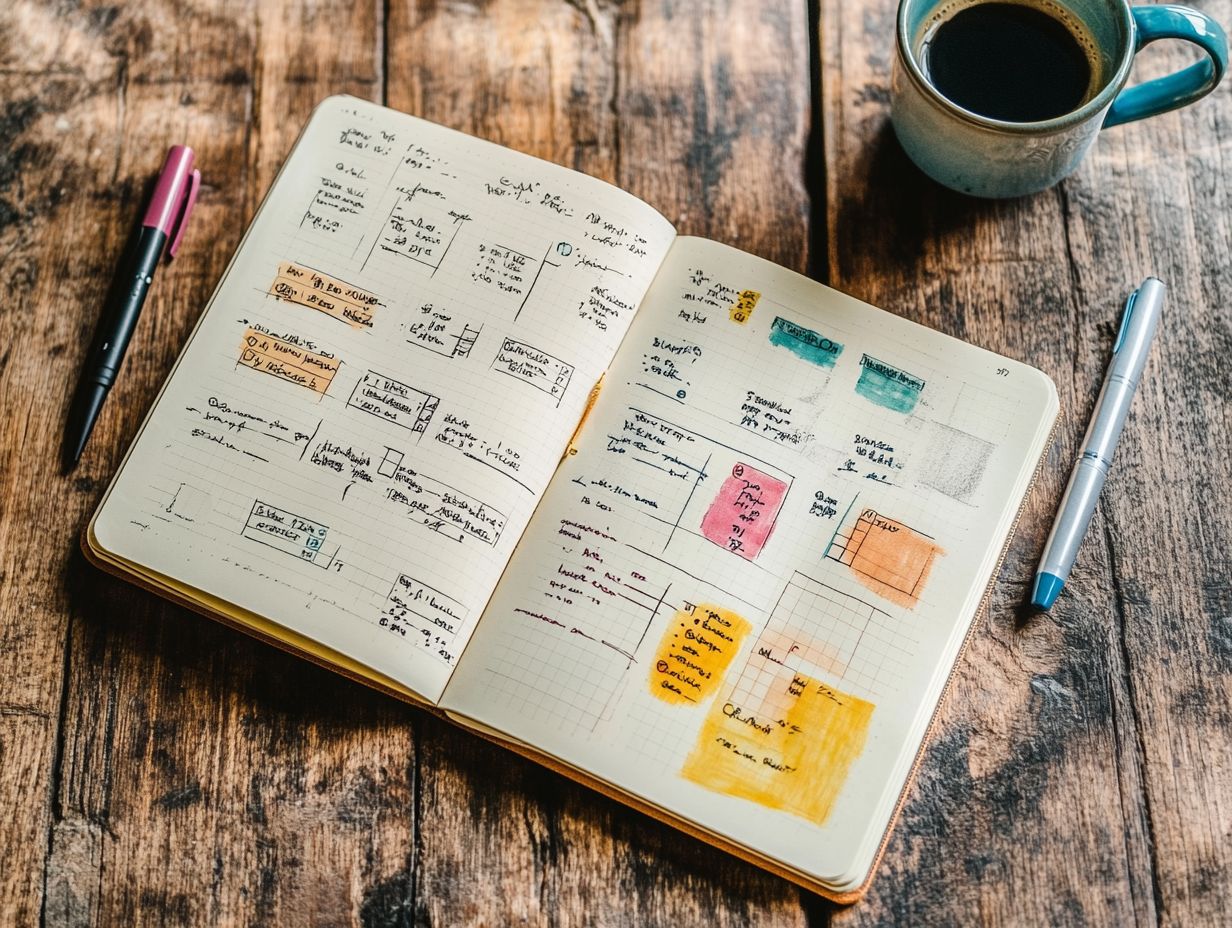 A colorful bullet journal spread with to-do lists and habit trackers