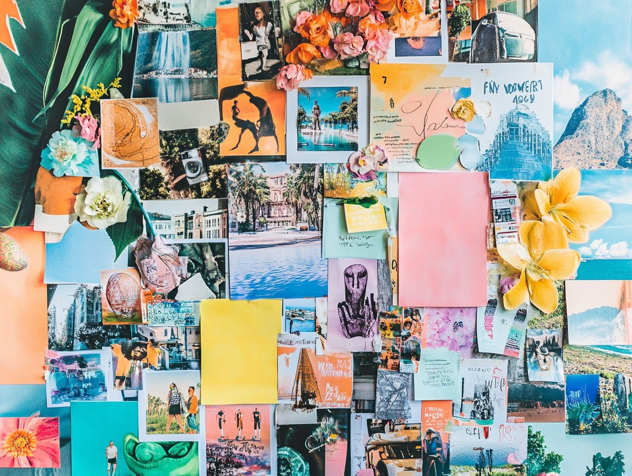 A colorful example of a vision board filled with images and words representing goals.